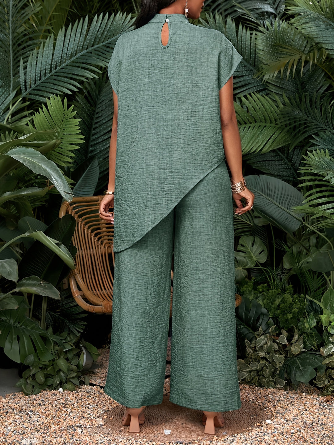 Women's Casual Solid Color Asymmetrical Hem Top and Pants Set