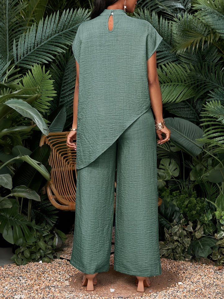 Women's Casual Solid Color Asymmetrical Hem Top and Pants Set