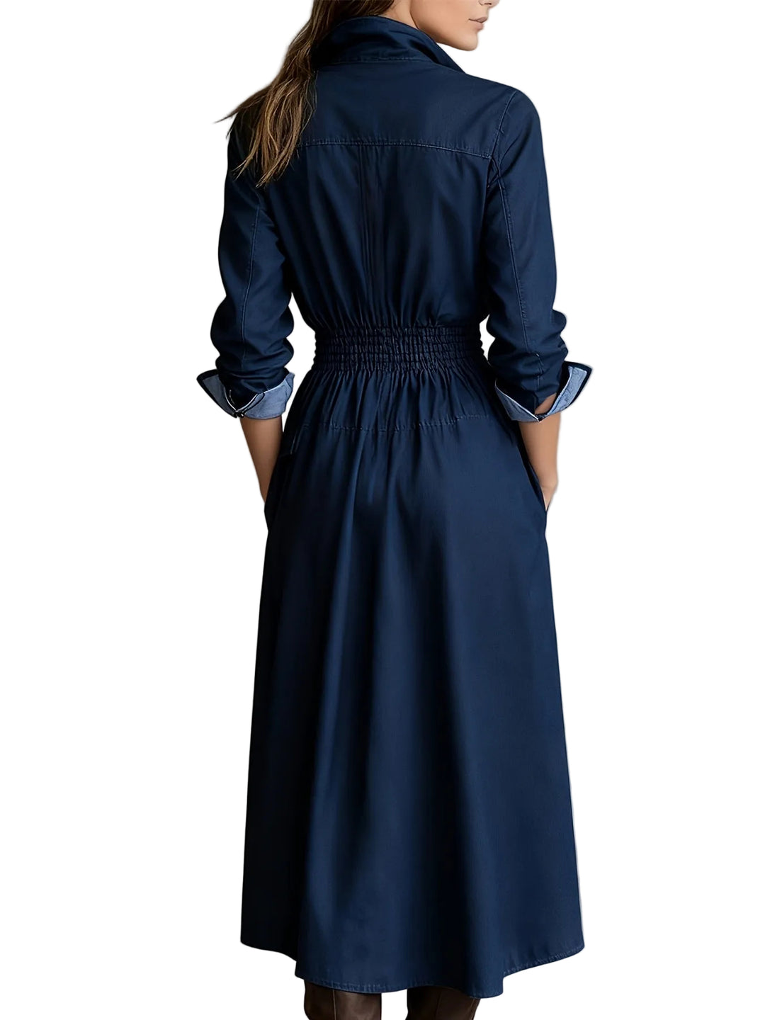 Women's Washed Blue Zip Collar Dress with Cinched Waist