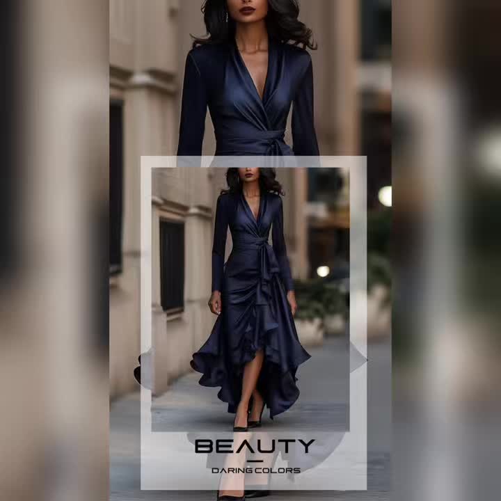 French Retro Navy Satin Deep V Fishtail Dress