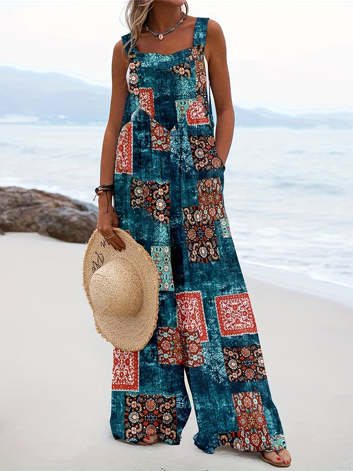 Women’s Boho Chic Blend Jumpsuit with Pockets - Tropical Print Wide Leg Overalls