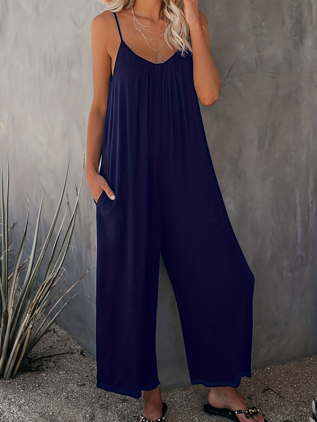 Women’s Sleeveless Jumpsuit with Pockets - Casual Polyester Knit Fabric, V-Neck