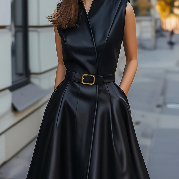 Elegant Solid Color V-Neck Waist-Cinching A-Line Dress