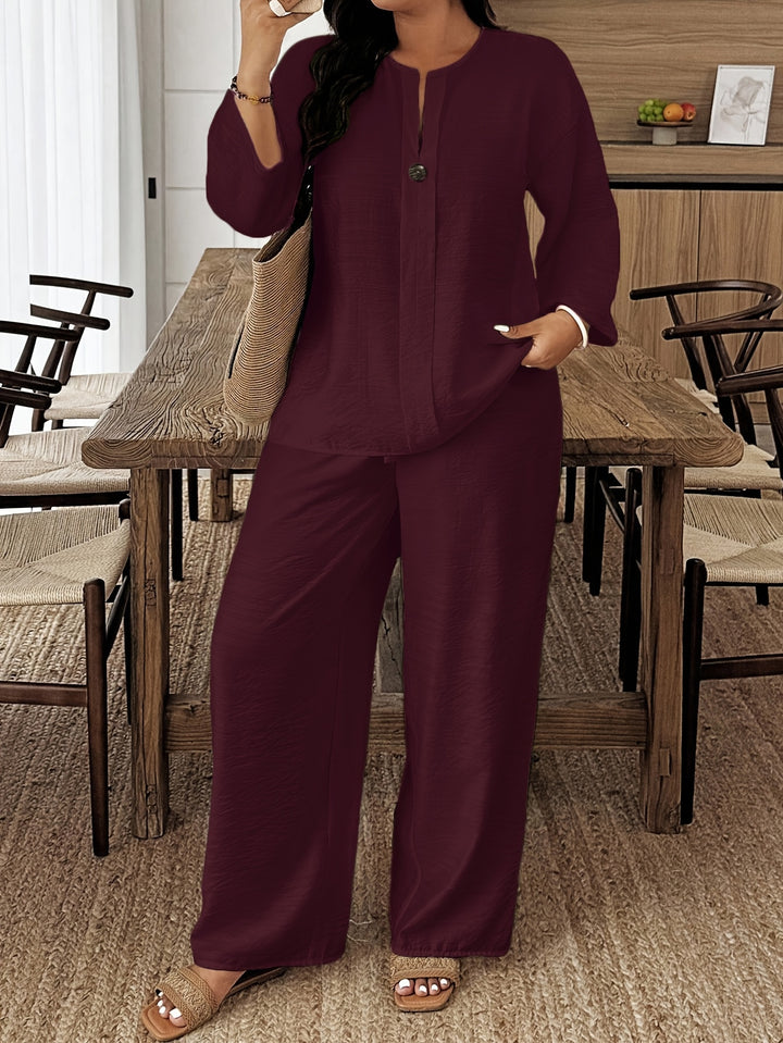 Plus Size Long Sleeve Shirt & Loose Pants Set