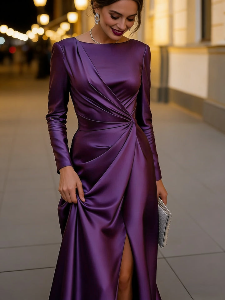 Satin Asymmetrical Slit Pleated Evening Gown