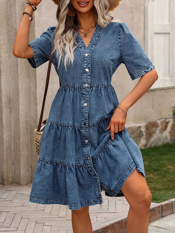 Medium-Length V-Neck Open Front Short Sleeve Denim Dress
