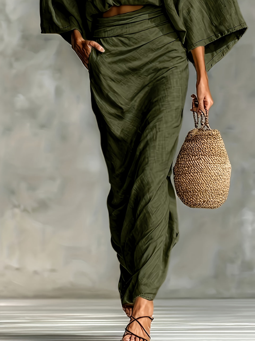 Women's Bat Sleeve Crop Top & Midi Skirt Set