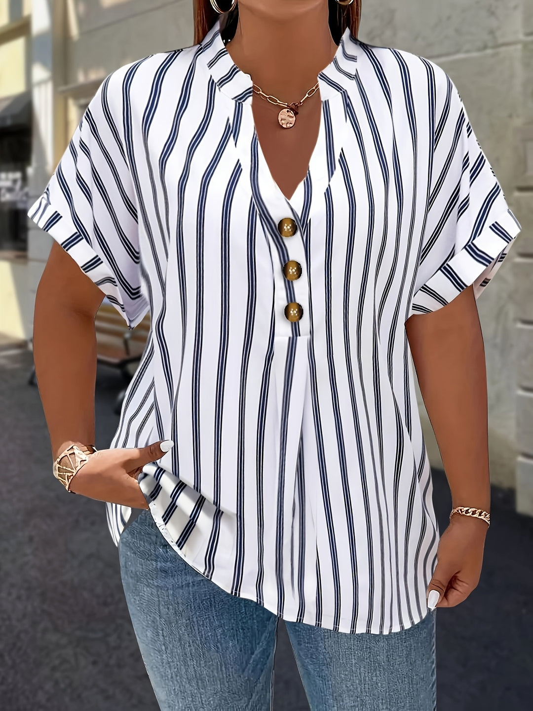 Hilda |  Striped Blouse Button Detail