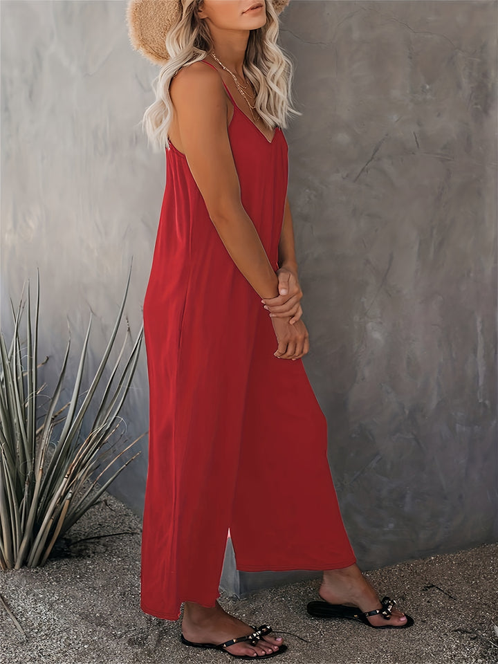 Women’s Sleeveless Jumpsuit with Pockets - Casual Polyester Knit Fabric, V-Neck