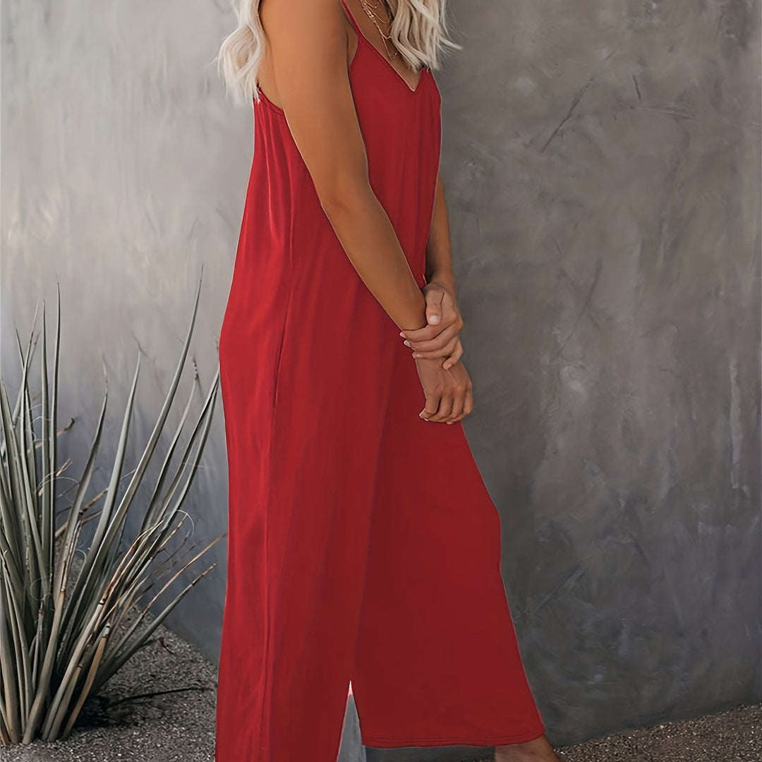 Women’s Sleeveless Jumpsuit with Pockets - Casual Polyester Knit Fabric, V-Neck