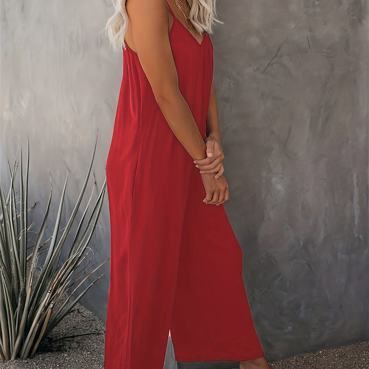 Women’s Sleeveless Jumpsuit with Pockets - Casual Polyester Knit Fabric, V-Neck