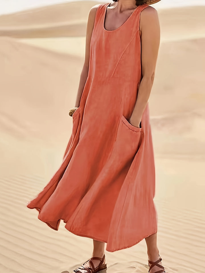 Women's Sleeveless A-Line Dress with Pockets, Mid-Length Loose Fit