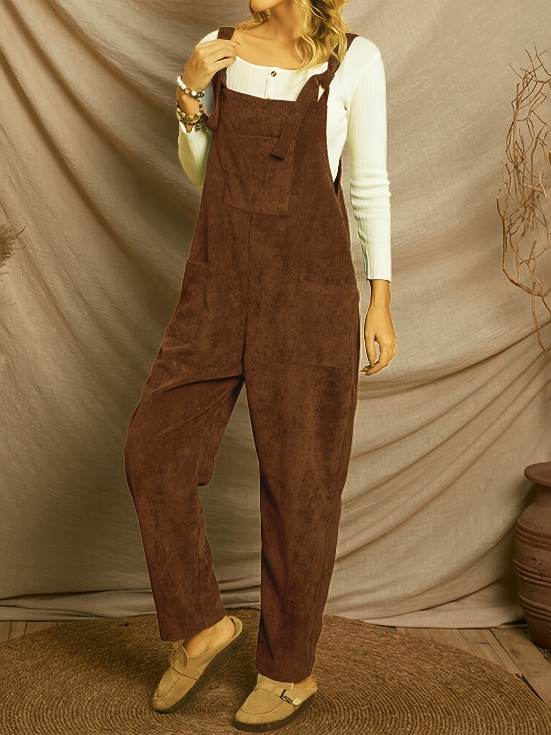 Women'S Loose-Fit Corduroy Overalls with Multiple Pockets