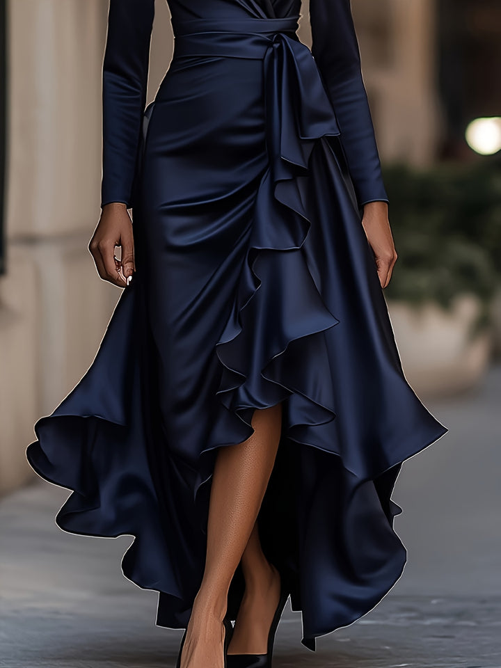 French Retro Navy Satin Deep V Fishtail Dress