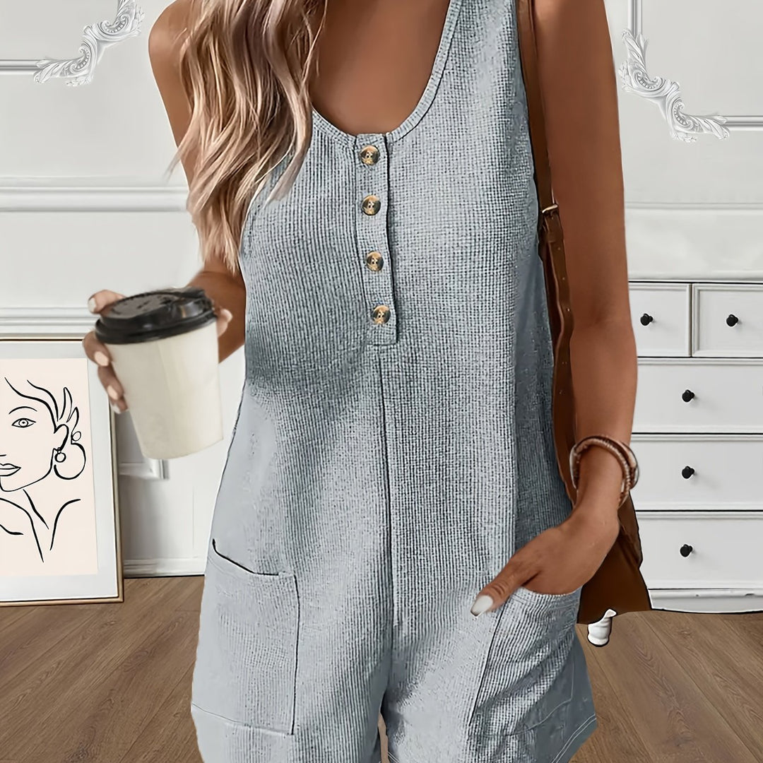 Button Front Sleeveless Romper Jumpsuit with Pockets - Casual Solid Color Summer Wear