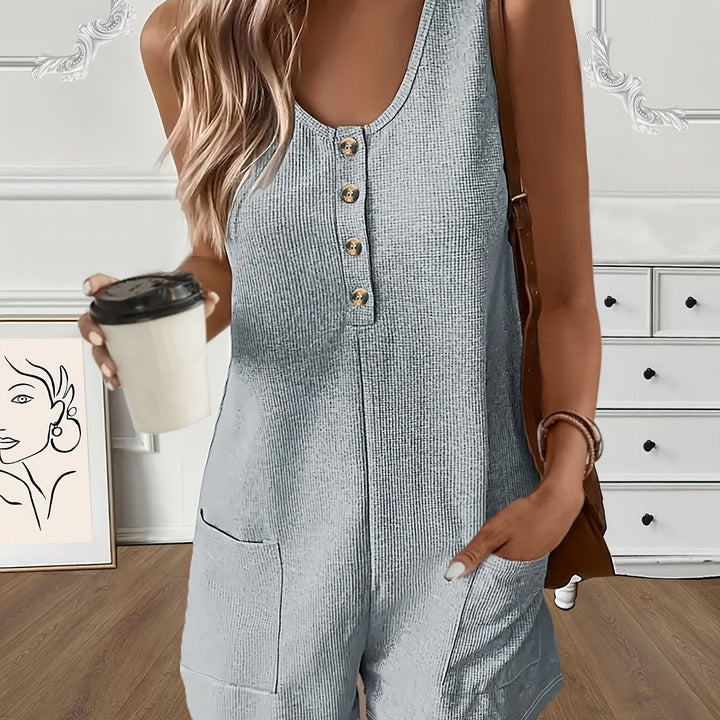 Button Front Sleeveless Romper Jumpsuit with Pockets - Casual Solid Color Summer Wear
