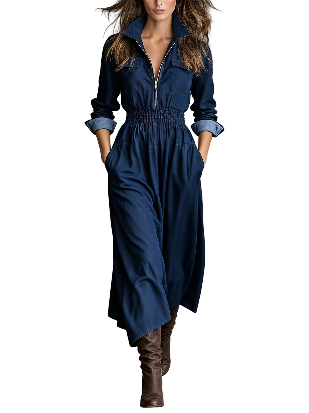 Women's Washed Blue Zip Collar Dress with Cinched Waist