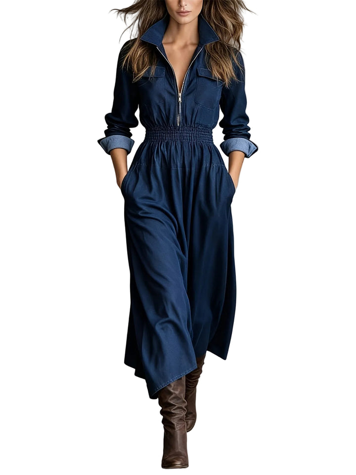 Women's Washed Blue Zip Collar Dress with Cinched Waist