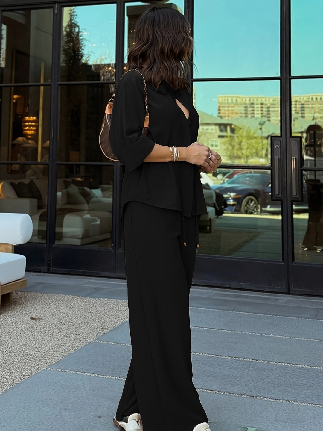 Women's Casual Button Shirt & Wide Leg Pants Set