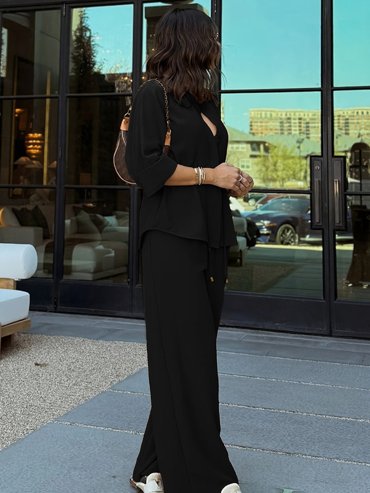 Women's Casual Button Shirt & Wide Leg Pants Set