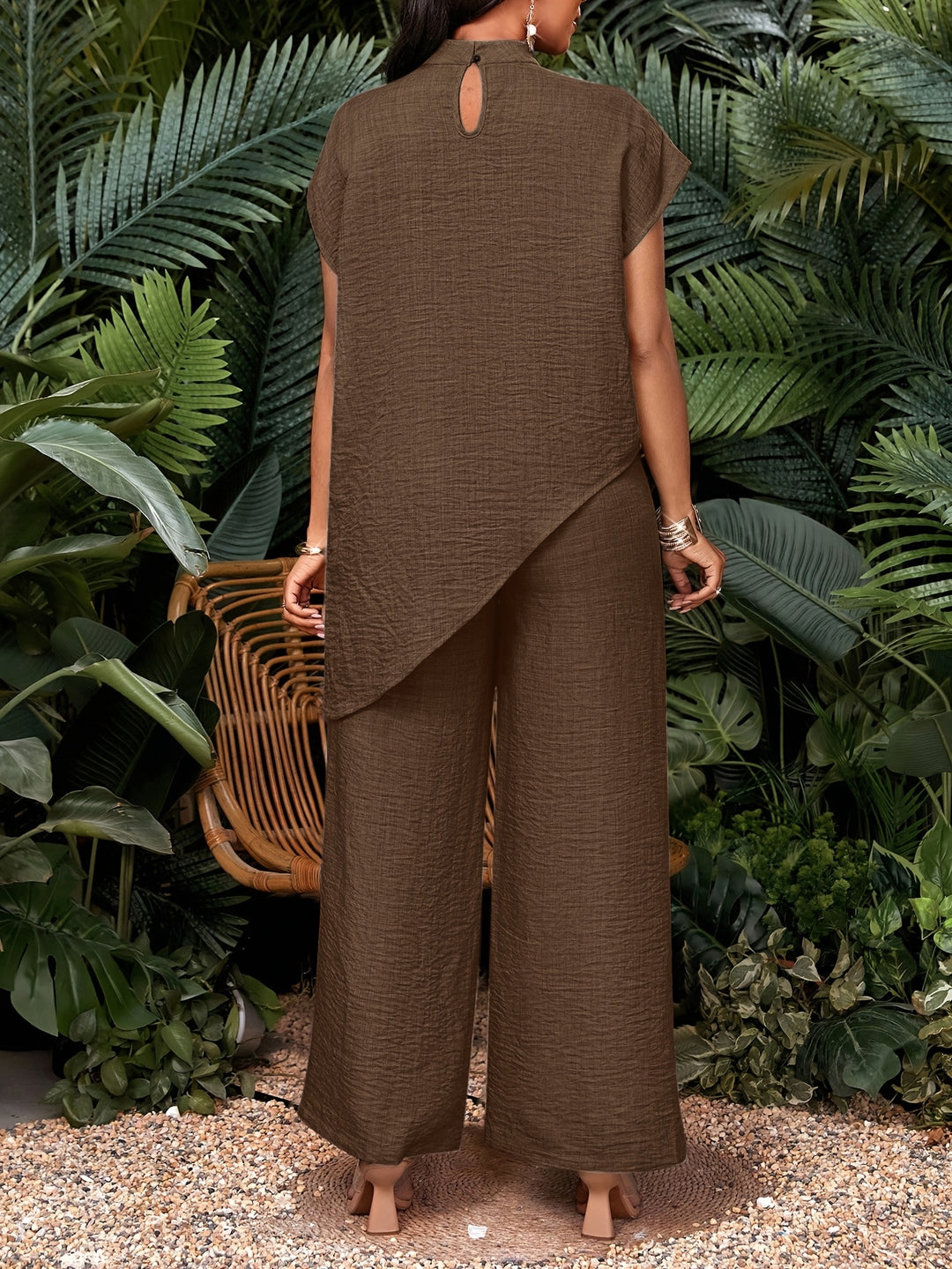 Women's Casual Solid Color Asymmetrical Hem Top and Pants Set