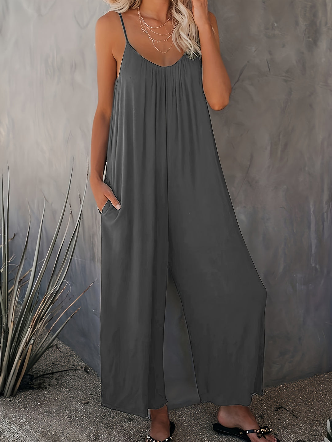 Plus Size Basic Jumpsuit, Women's Plus Solid V Neck Wide Leg Summer Cami Jumpsuit