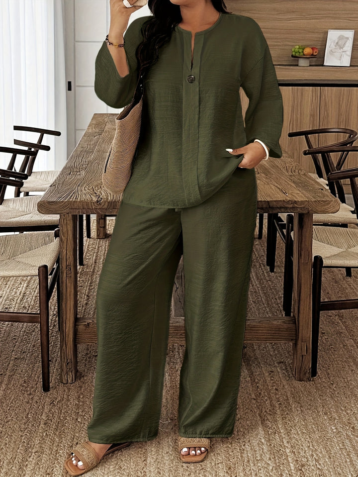 Plus Size Long Sleeve Shirt & Loose Pants Set