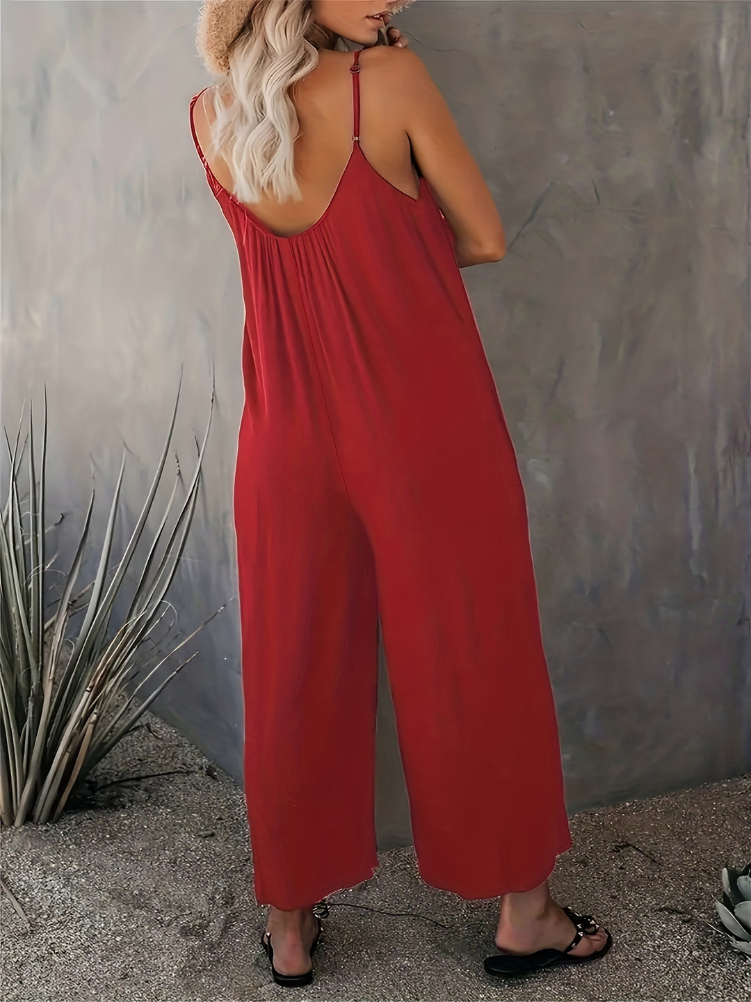 Plus Size Basic Jumpsuit, Women's Plus Solid V Neck Wide Leg Summer Cami Jumpsuit