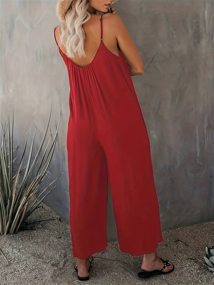 Plus Size Basic Jumpsuit, Women's Plus Solid V Neck Wide Leg Summer Cami Jumpsuit