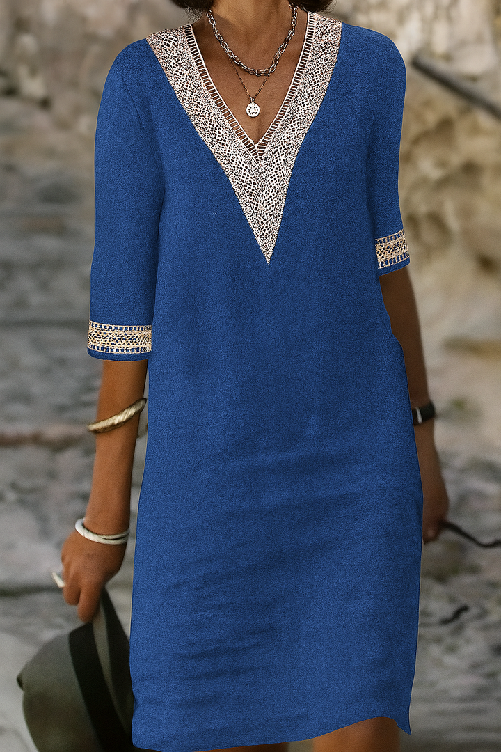 Cotton-Linen Blend V-Neck Mini Dress