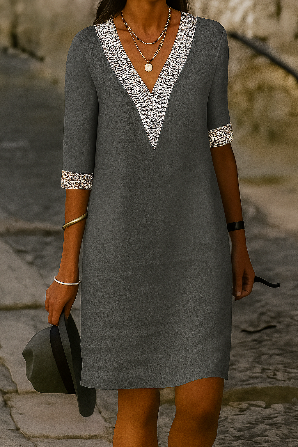 Cotton-Linen Blend V-Neck Mini Dress
