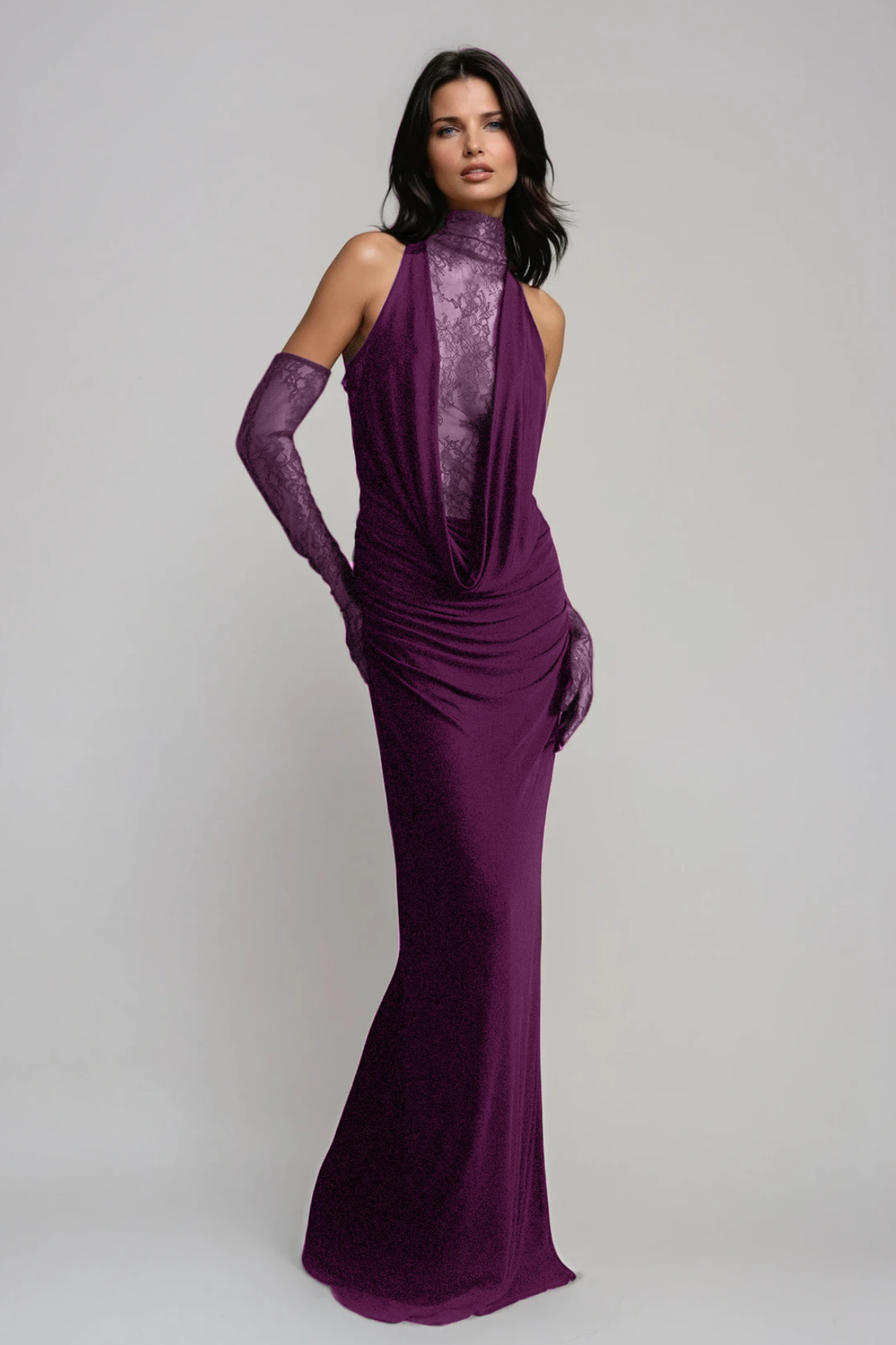 Darleen Cowl Neck Ruch Lace Maxi Dress In Purple