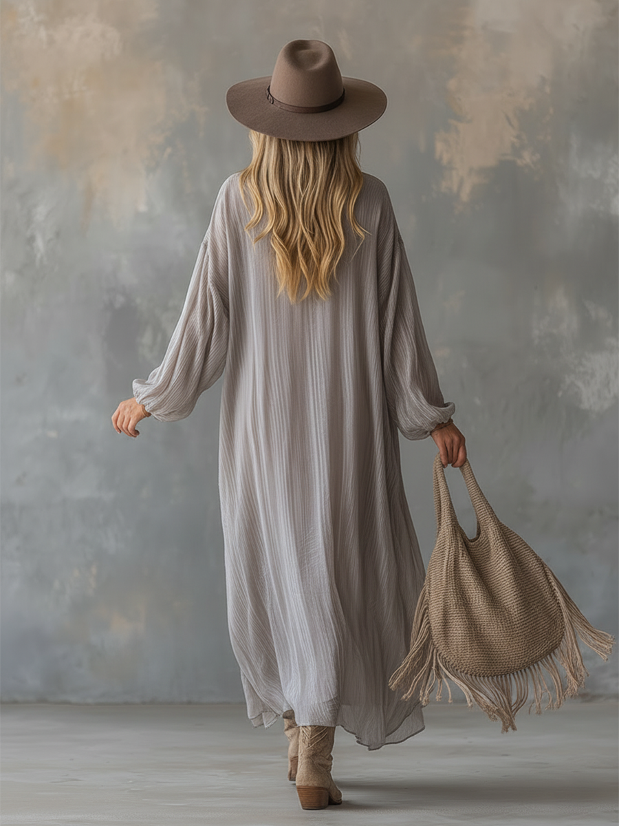 Elegant V-neck Light Gray Crinkled Chiffon Maxi Dress