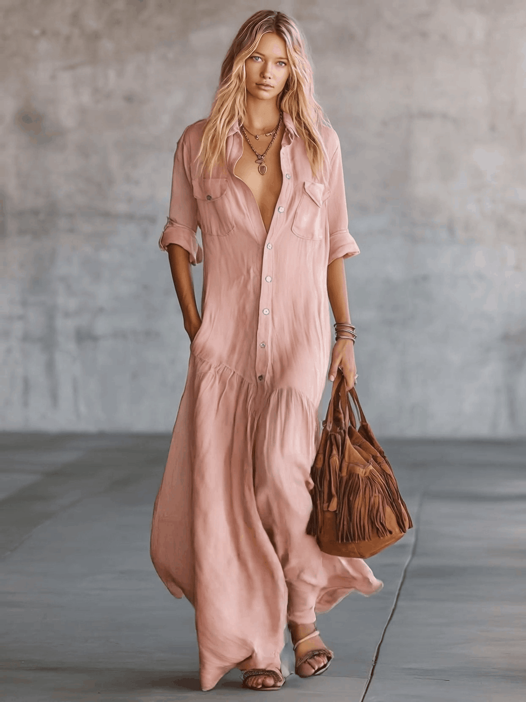 Western V-neck Front Button Maxi Dress