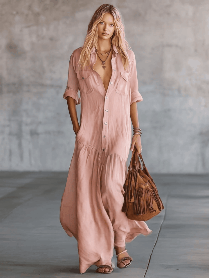 Western V-neck Front Button Maxi Dress