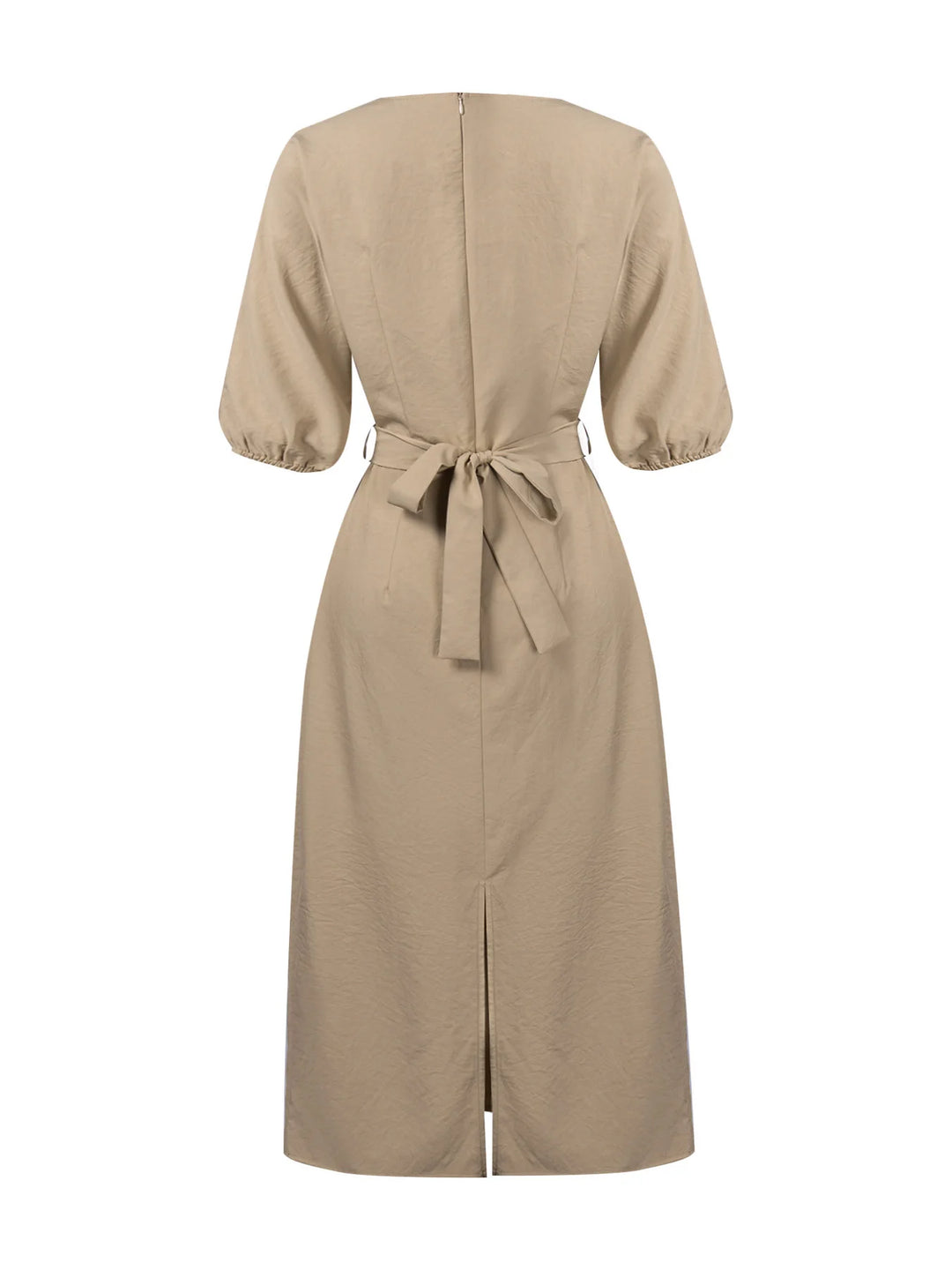 Khaki Wrap V-Neck Puff Sleeve Belted Midi Dress