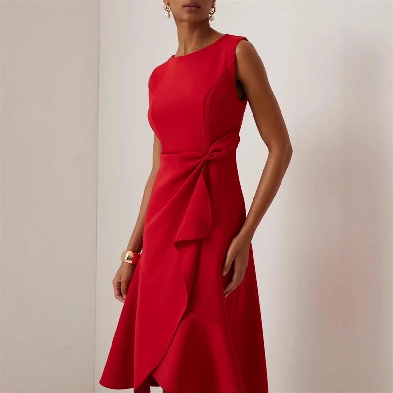 Sleeveless Solid Color Round Neck Slim Fit Midi Dress