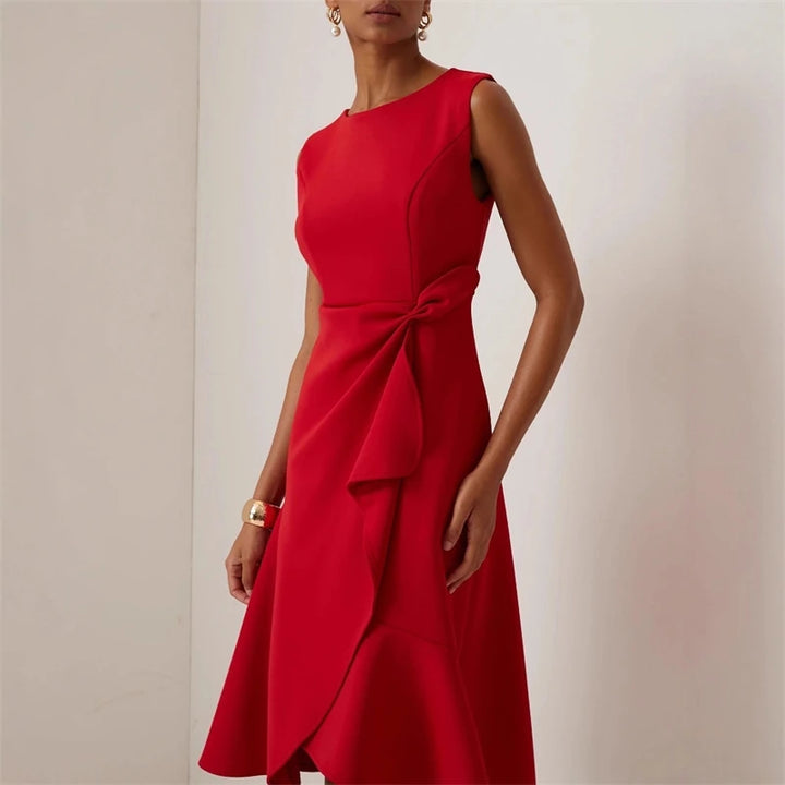 Sleeveless Solid Color Round Neck Slim Fit Midi Dress