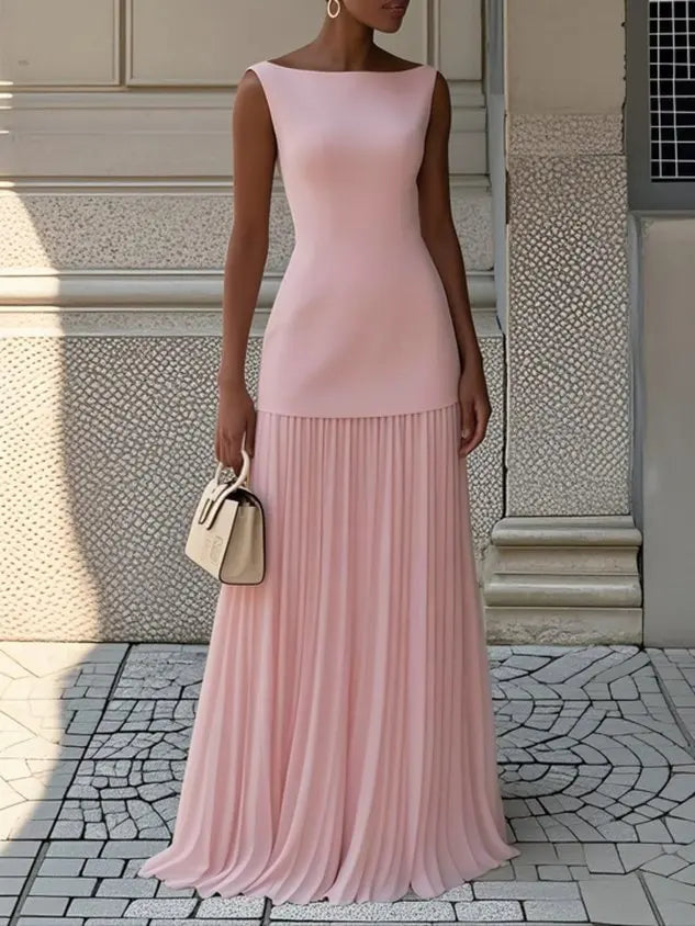Elegant Solid Splice Pleated Skirt Set with Sleeveless Tank Top