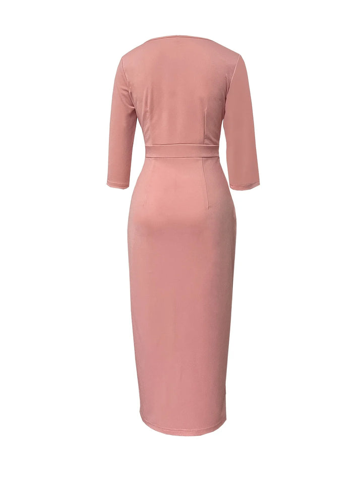 Elegant Pink Waist-Cinching Pleated Slit Sleeve Dress