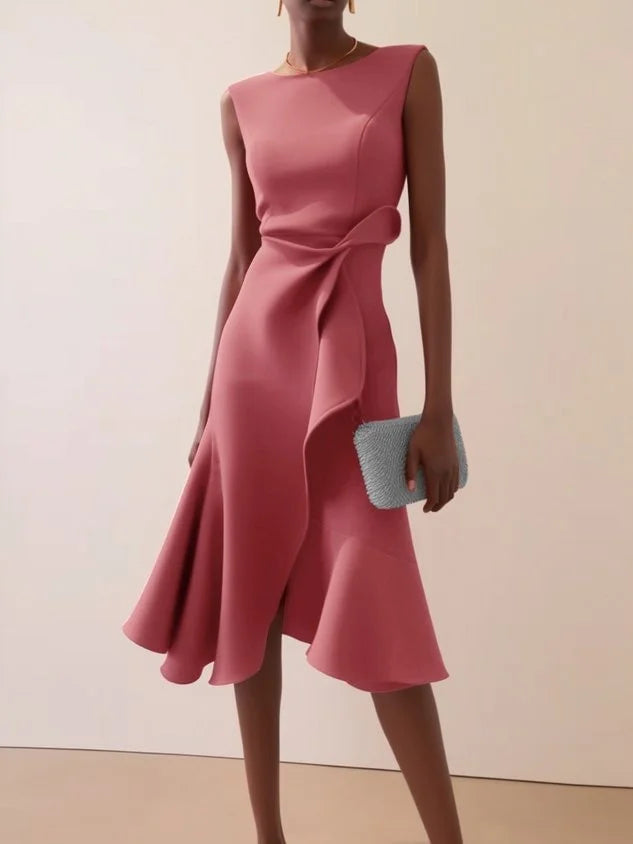 Sleeveless Solid Color Round Neck Slim Fit Midi Dress