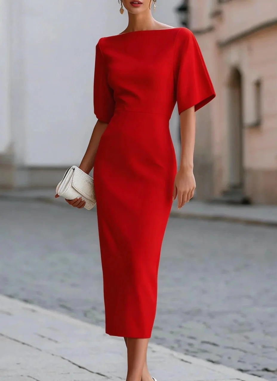 Boat Neck Short Sleeve Elegant Midi Cocktail Dress