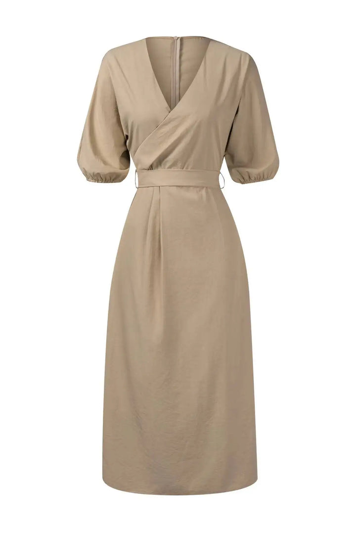 Khaki Wrap V-Neck Puff Sleeve Belted Midi Dress