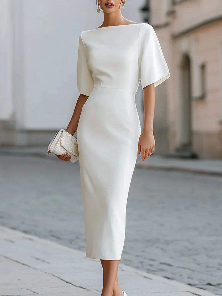 Boat Neck Short Sleeve Elegant Midi Cocktail Dress