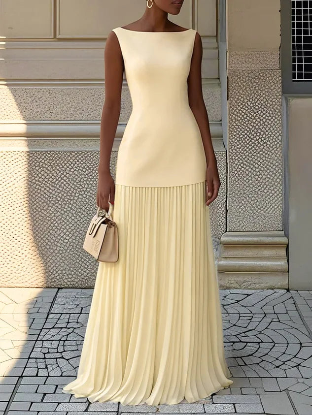 Elegant Solid Splice Pleated Skirt Set with Sleeveless Tank Top