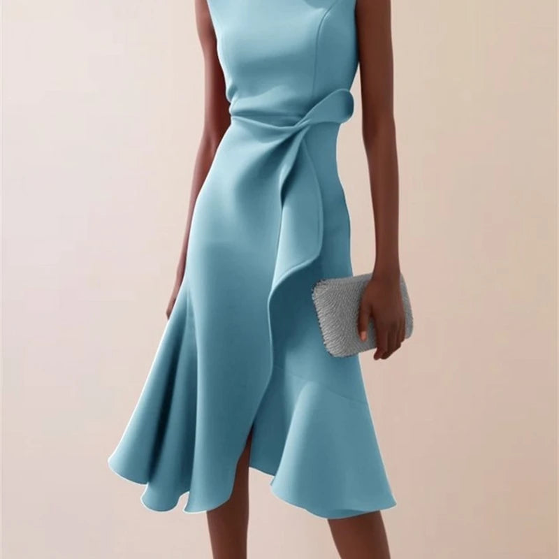 Sleeveless Solid Color Round Neck Slim Fit Midi Dress