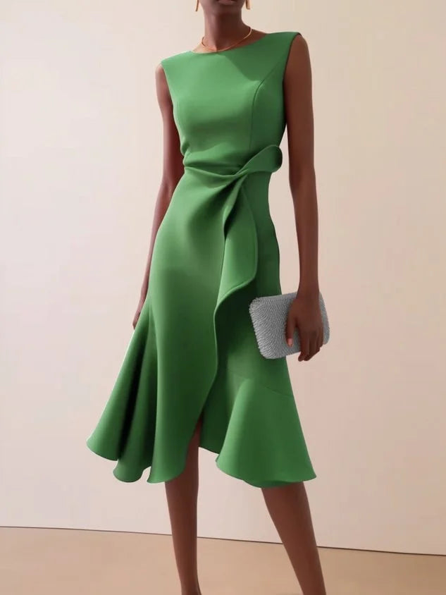 Sleeveless Solid Color Round Neck Slim Fit Midi Dress
