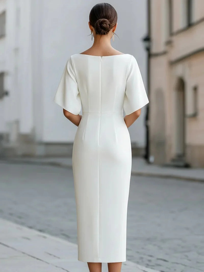 Boat Neck Short Sleeve Elegant Midi Cocktail Dress
