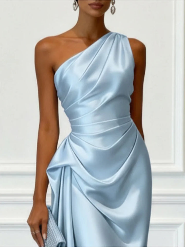 One Shoulder Satin Ruched Waist Midi Dress
