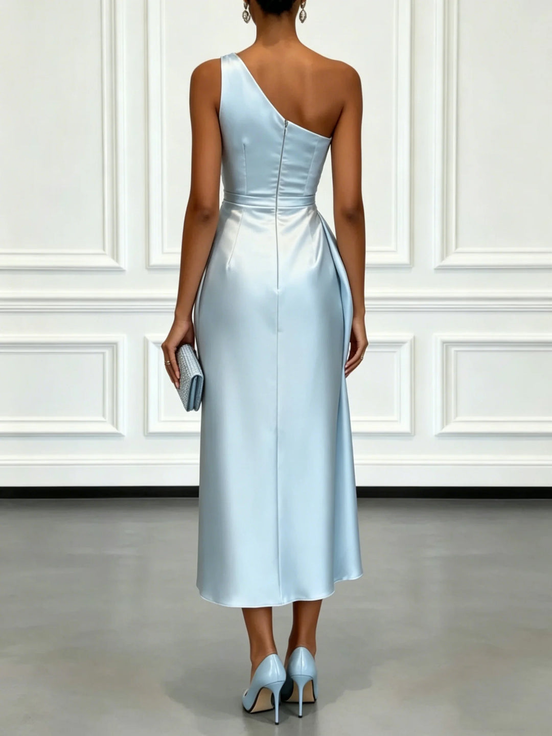 One Shoulder Satin Ruched Waist Midi Dress